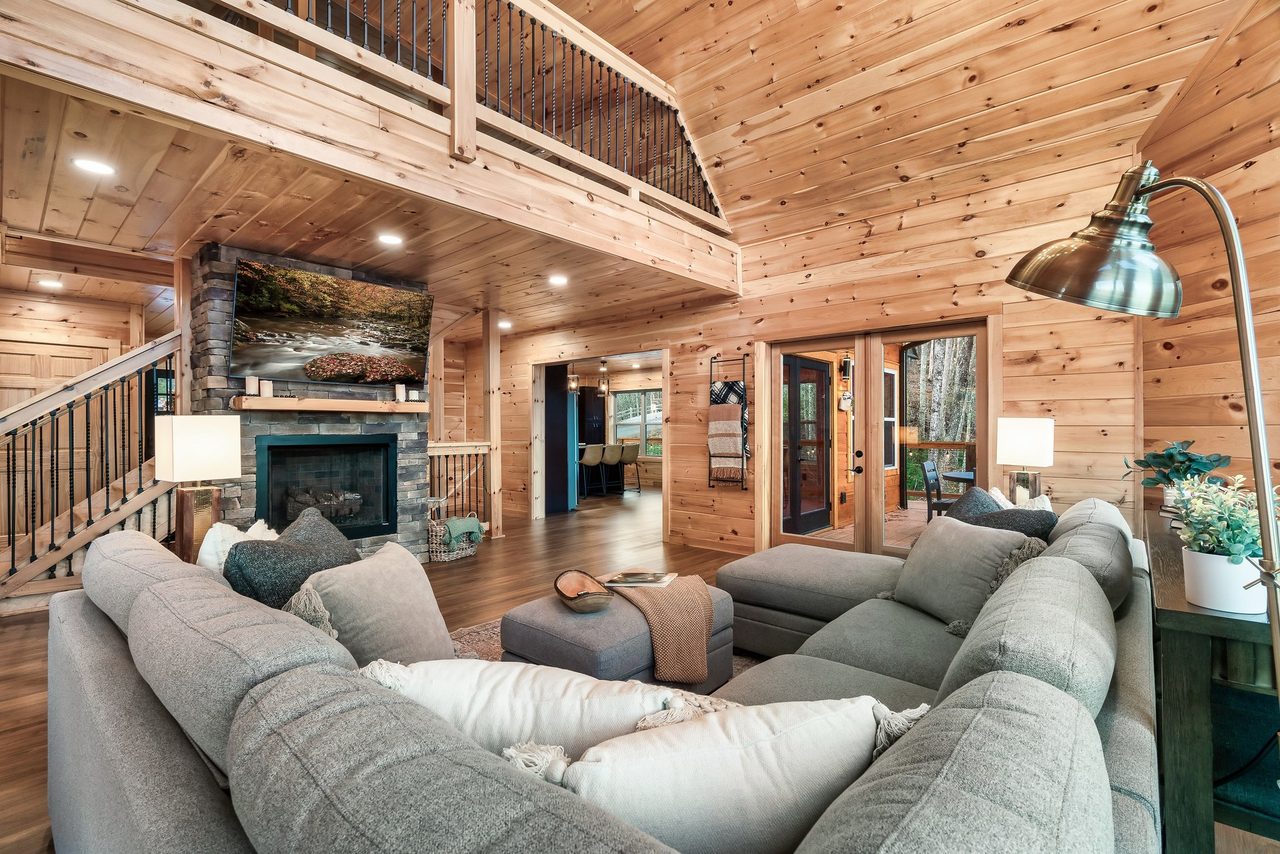 Living room: comfy seating, TV, gas fireplace, & sleeper sofa!
